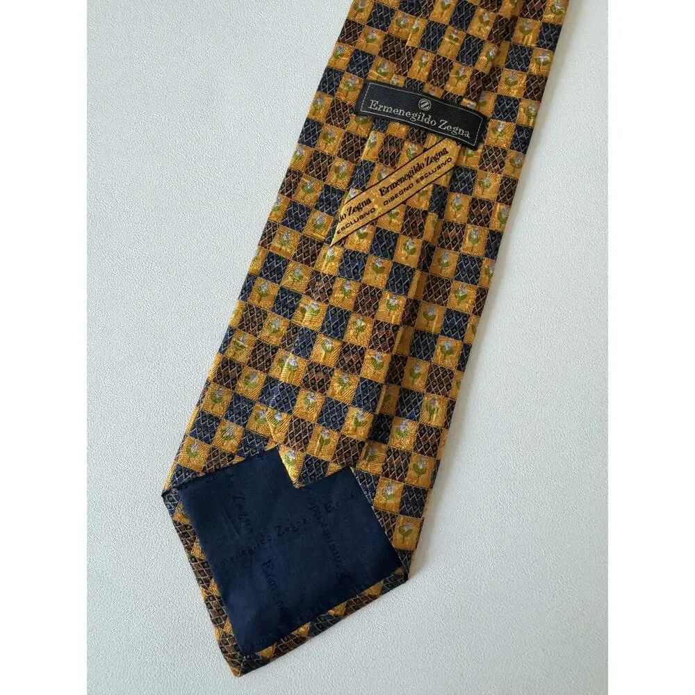 Ermenegildo Zegna Tie Mens Gold Floral Tile Print 100% Silk Made In Italy